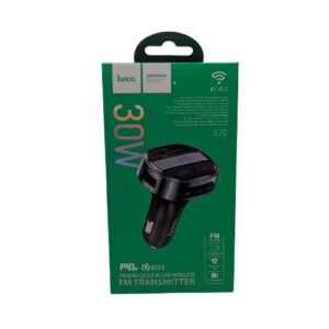 Hoco E70 30W fast car charger with wireless FM transmitter and LED display packaging back view