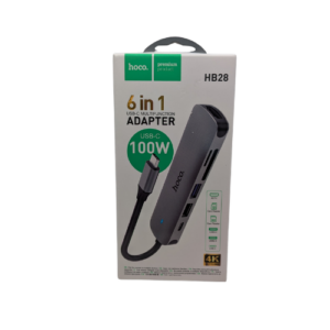Hoco HB28 6 in 1 USB-C hub adapter featuring 100W power delivery, 4K HDTV output, and SD/TF card slots