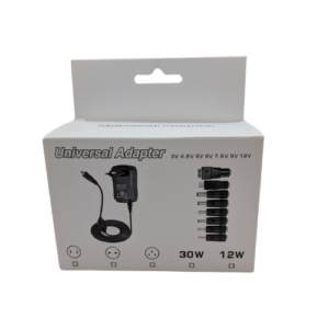 Universal AC to DC power adapter with adjustable 3V to 12V voltage settings and interchangeable connector tips